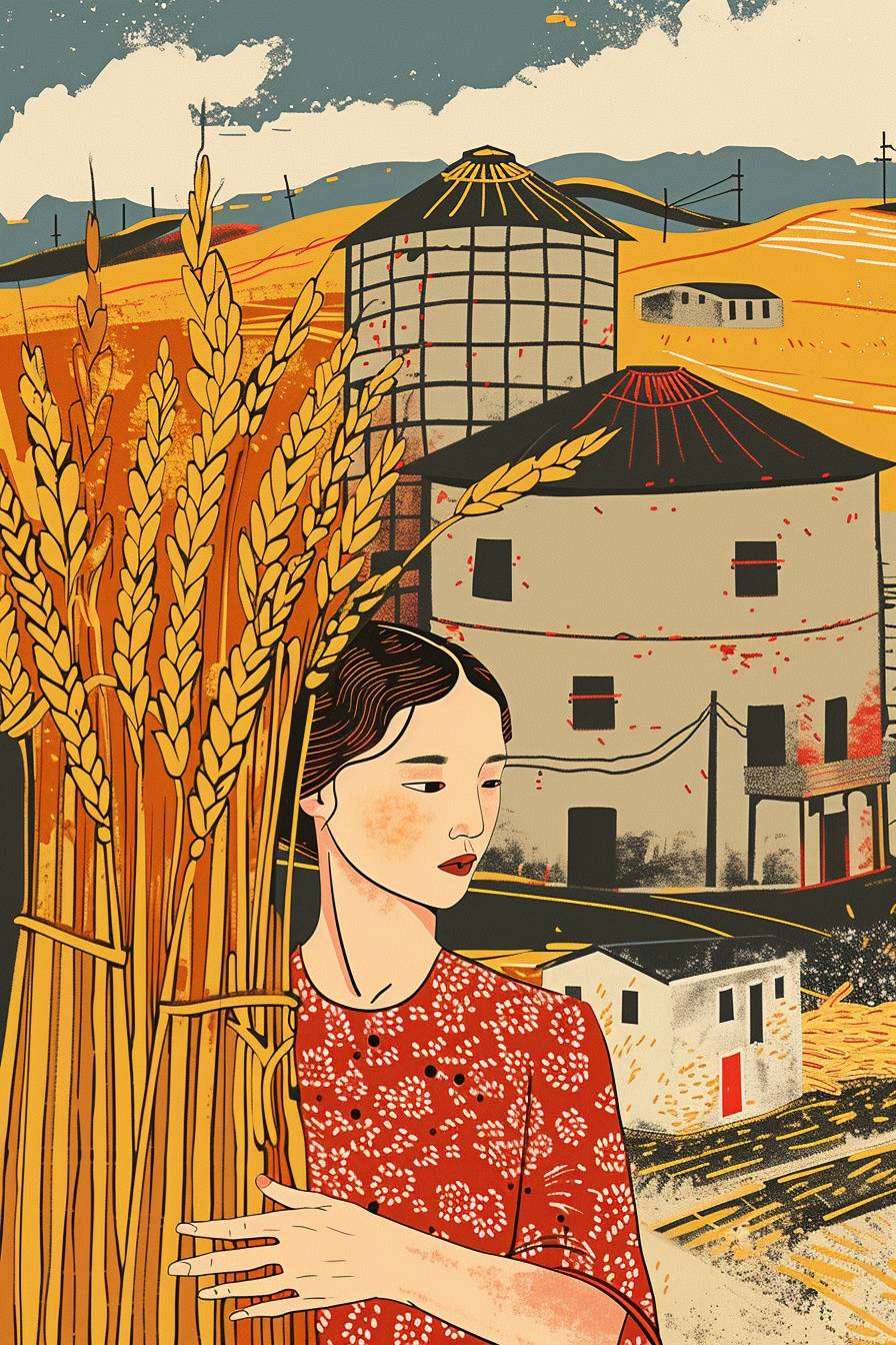 Minimalist magazine cover. traditional anatolian pattern tiled illustration in the style of the new yorker magazine. Beside a huge wheat storage, a Rural middle-aged woman holds wheat grains in her hands, feeling helpless and lonely. Luo Zhongli