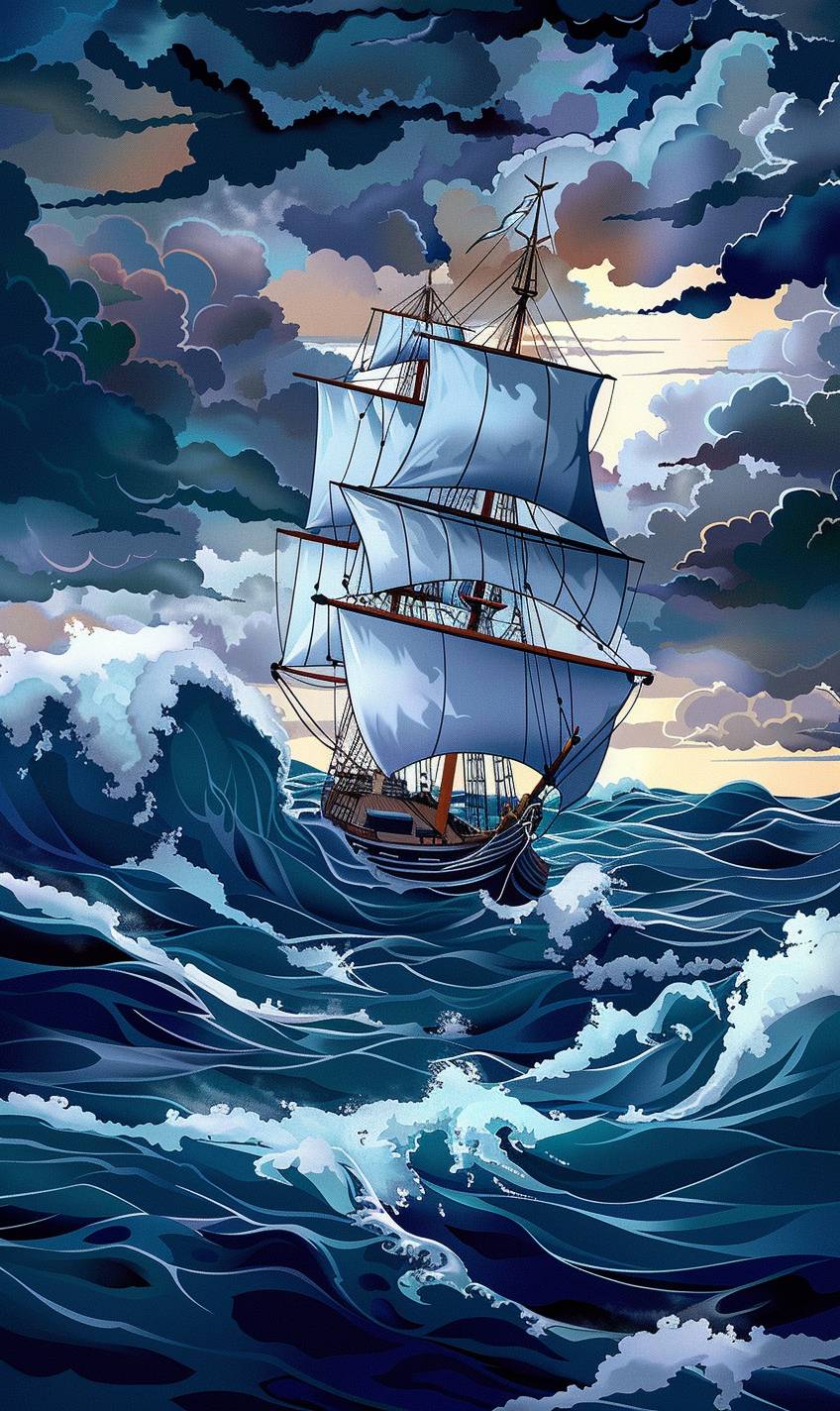 パトリック・ナゲル風のスタイルで、嵐の海を航行する海賊船。
