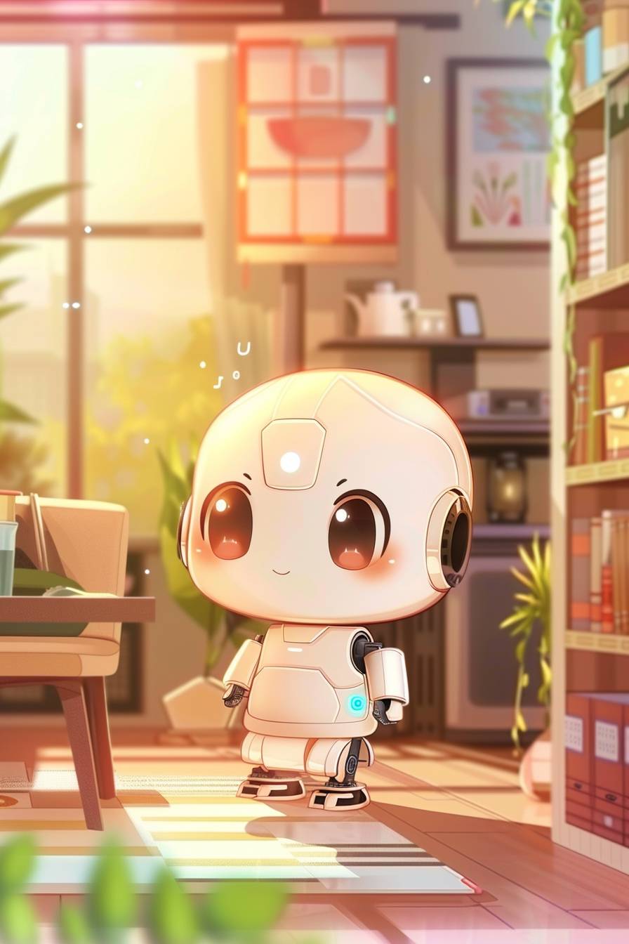 近未来のロボットコンパニオンはモダンな家庭環境で人間と対話し、高度なAI機能を備え、温かみのある魅力的な雰囲気があります。