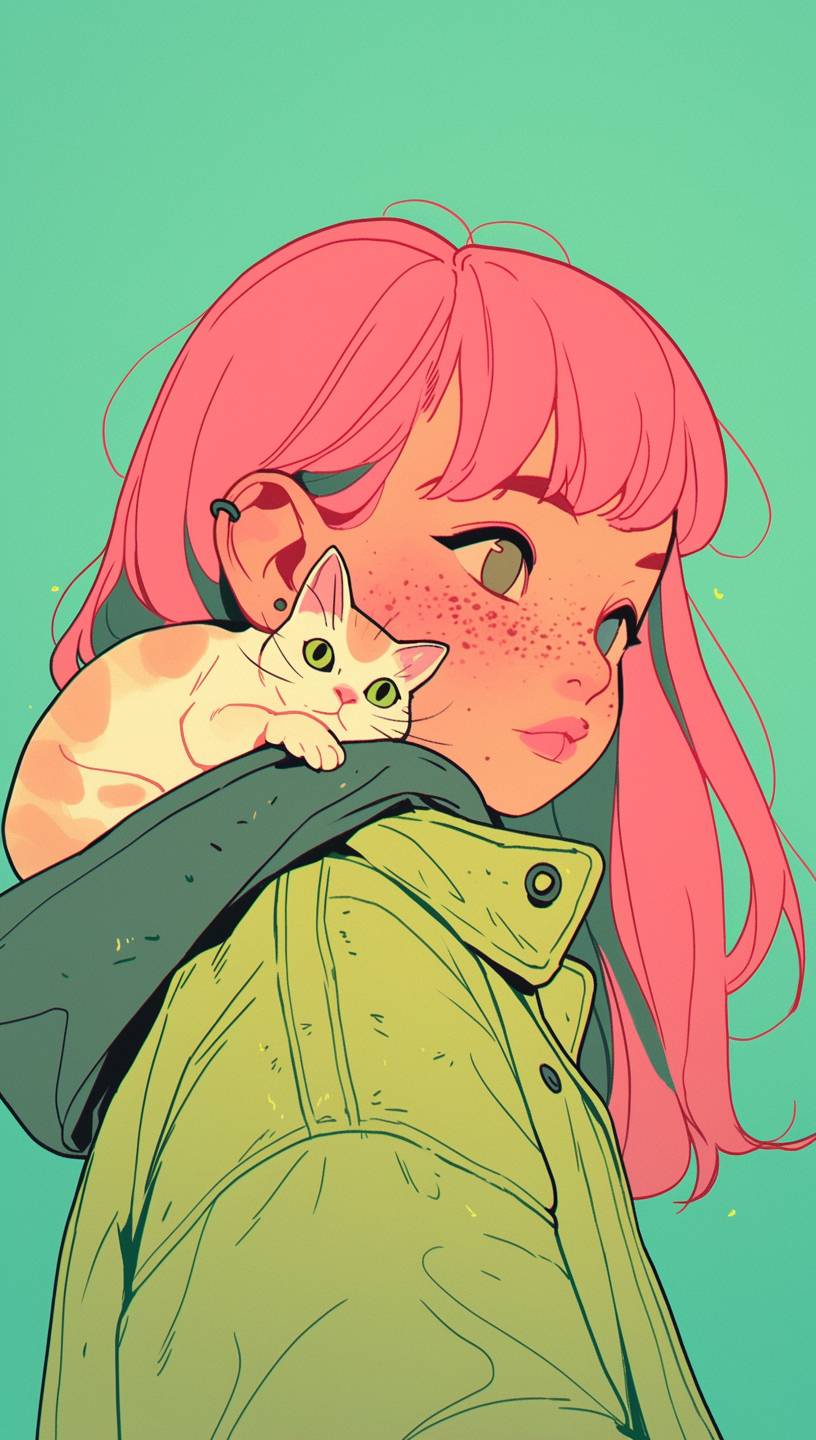 An illustration of a quirky girl with pink hair, in the style of Flat shading, inspired by Gemma Correll, with freckles and a cat on her shoulder, photo-manipulated, belonging to the cyberpunk genre, in a pastel green color.