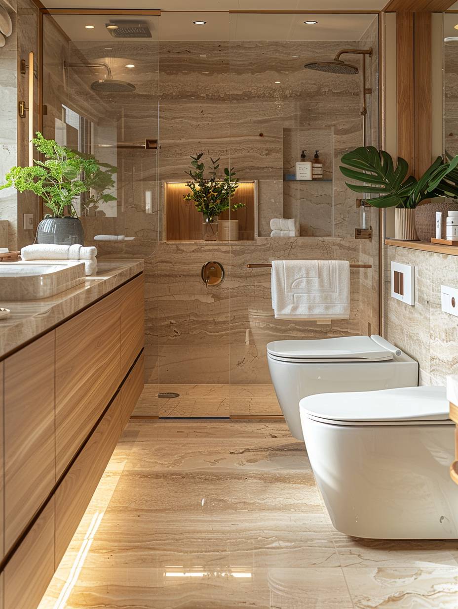 超小型バスルーム、ミニマリストのイタリアンデザインスタイル、天然石の質感、湿気と乾燥の分離、スマートトイレ、無垢の木製バスルームキャビネット、クリームストーンのカラーテーマ。