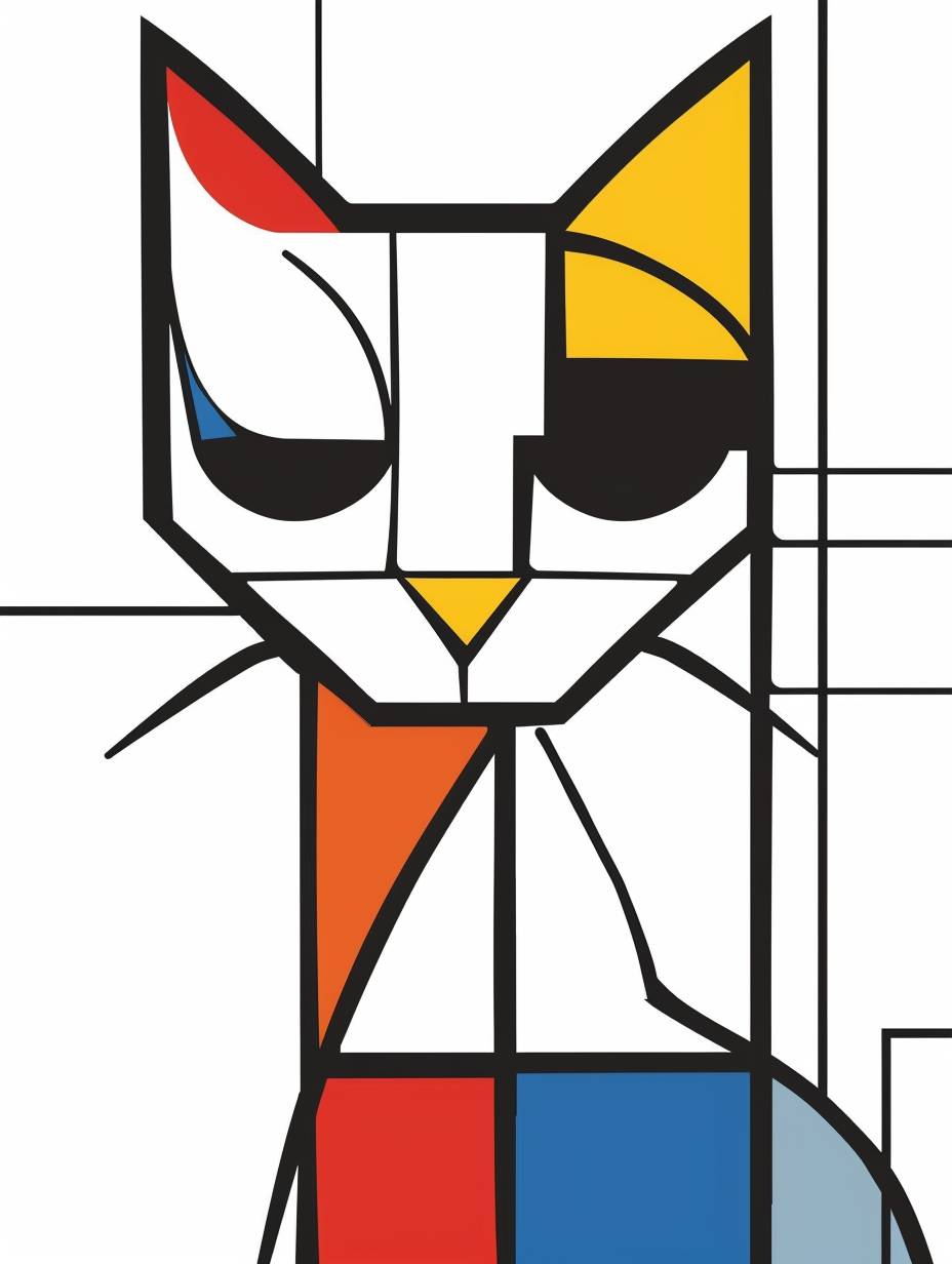 ピエト・モンドリアンのスタイルで描かれたかわいい漫画猫、このイラストはシンプルな線と形状、フラットな色彩を使用しており、デザインはシンプルです。高解像度で高品質の詳細な画像です。