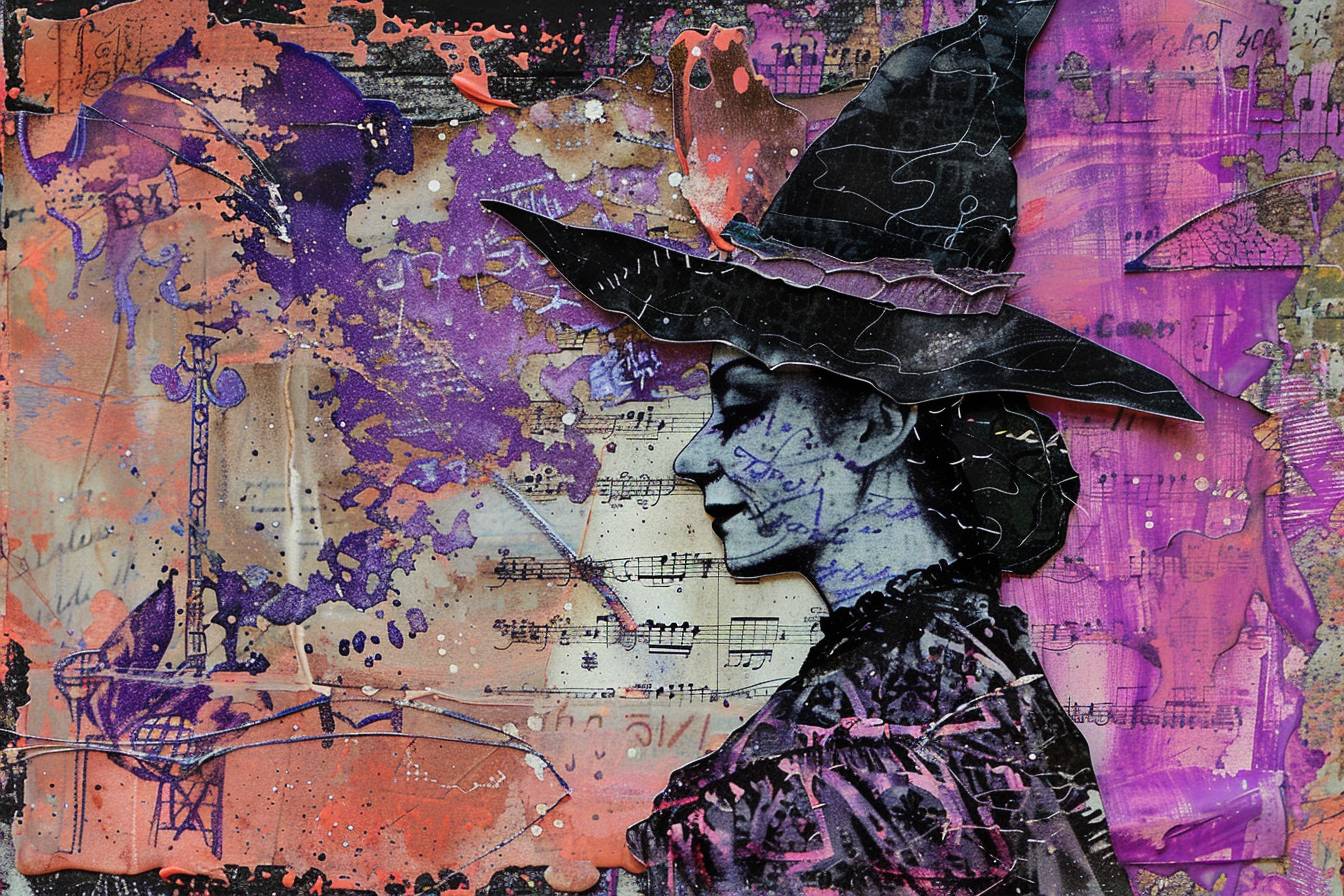 Witch in collage style with purple and pink mixed media