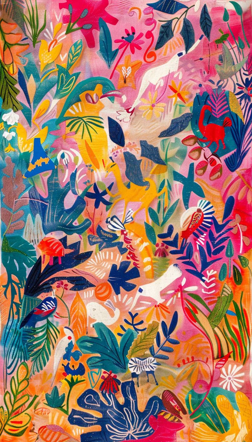 In style of Henri Matisse, magical creatures frolicking in a sunlit meadow