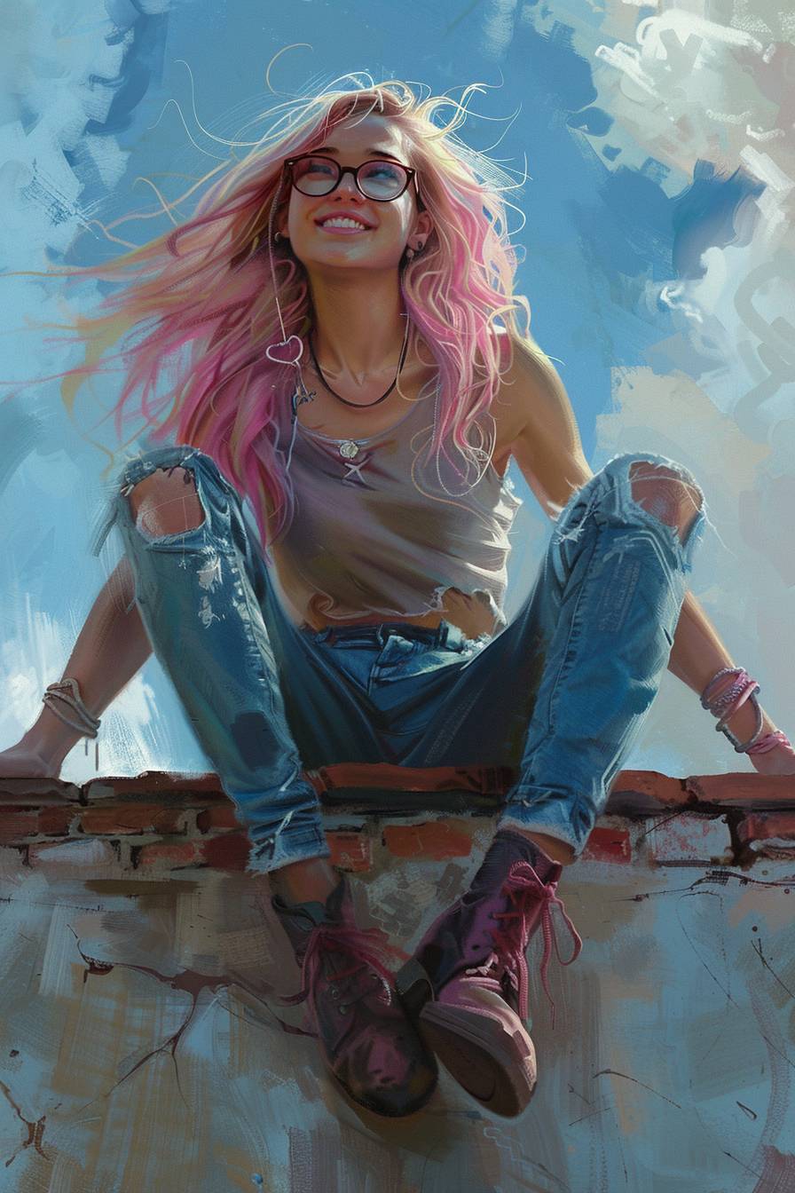 A girl with blonde hair with pink ends wearing glasses, ripped jeans and boots, smiling while sitting on a ledge. Teen romance book style, illustrative painter semi-realism, plain background, soft lighting.