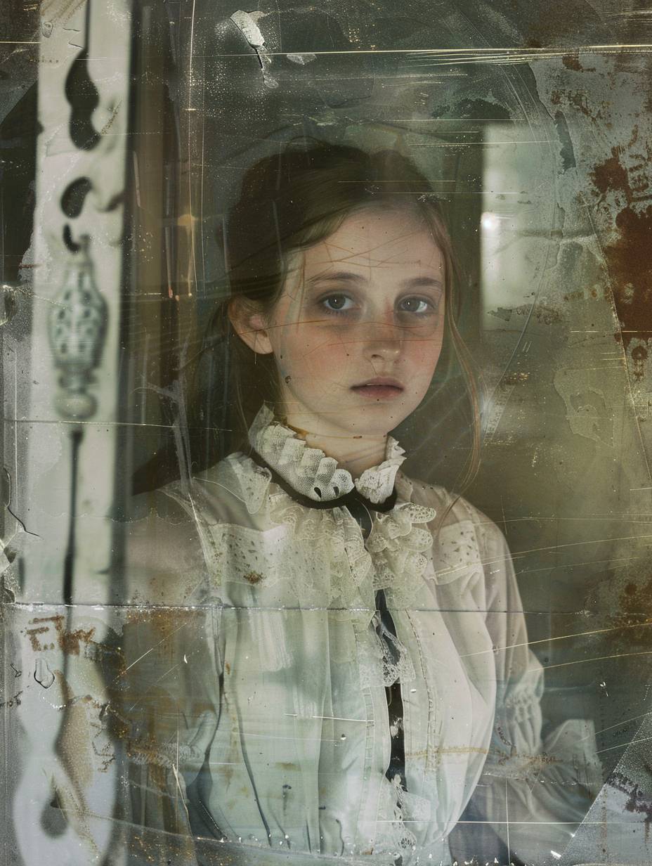A translucent ghostly apparition of a young female nursemaid in Victorian dress, looking at the camera inside a small room