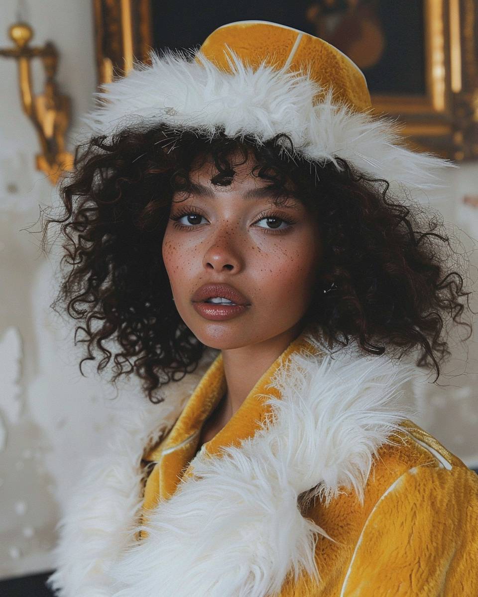 エディトリアルファッション写真、巻き毛の若いアフリカ系アメリカ人女性モデル、明るいネオンイエローゴールドのファージャケットを着て、白いファートリム、イエローゴールドのファーハット、豪華な室内のヴィンテージデコレーション。