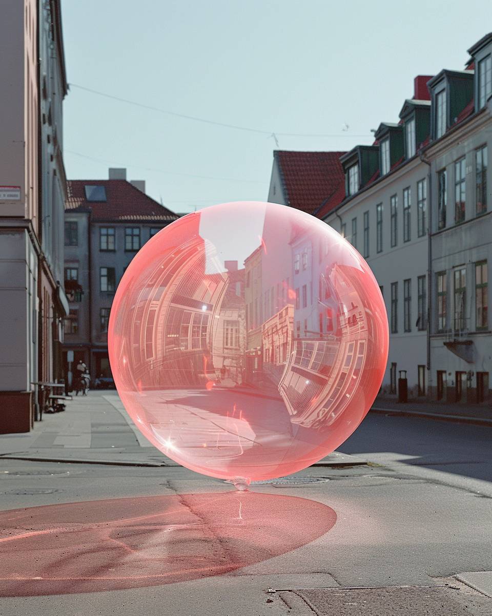 コペンハーゲンの街路の真ん中にあるコーラルピンク色の湿った泡、夏の昼間