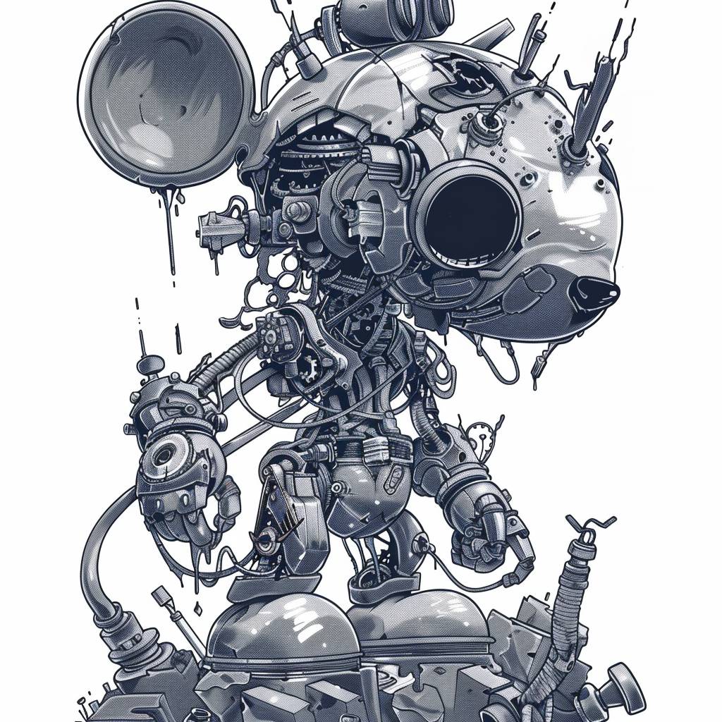 High-quality monochrome anime-style chibi illustration. In a dystopian cityscape blending cyberpunk and steampunk aesthetics, a cybernetic gear creature resembling Mouse from Steamboat Willie is poised for action. White background. The creature, with its body composed of metal, gears, and wires, exudes an aura of menace and power as it prepares to unleash its fury.