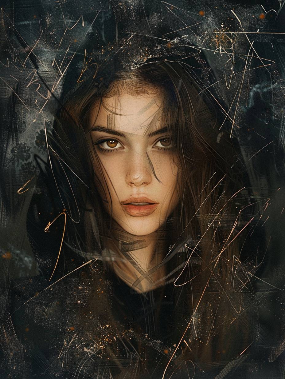 A beautiful girl with brown hair and brown eyes, depicted in digital art. The double exposure portrait features an oil texture with a splattered effect and a blurred background. She is dressed in a black hoodie and a white shirt with abstract lines, set against a dark backdrop.