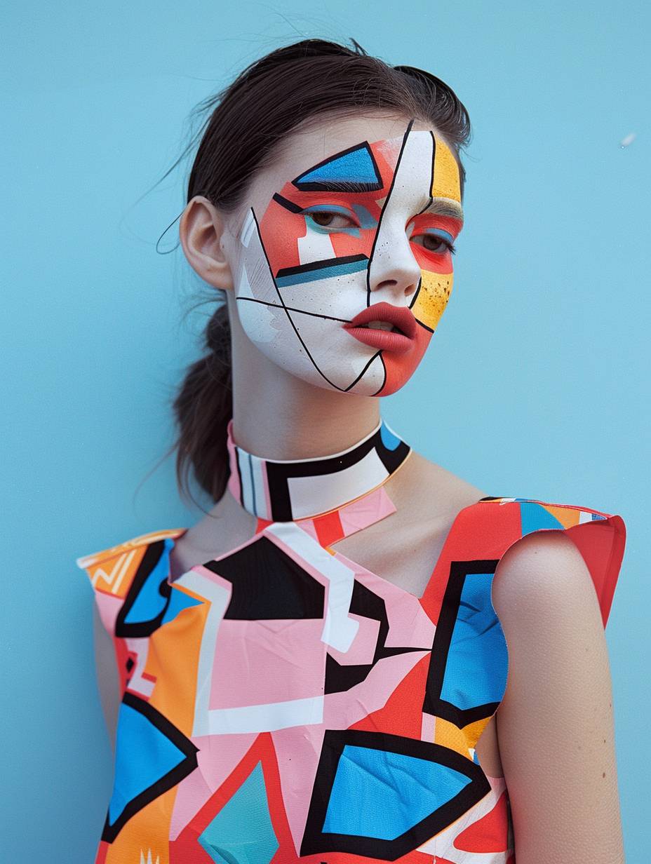 顔に際立つ幾何学模様が描かれた若々しい見事な女性が、パステルカラーのコンストラクティビスト風ドレスを着ています