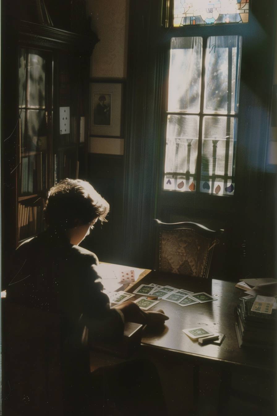 A woman playing solitaire at a desk, Fuji color film, Polaroid, 1999