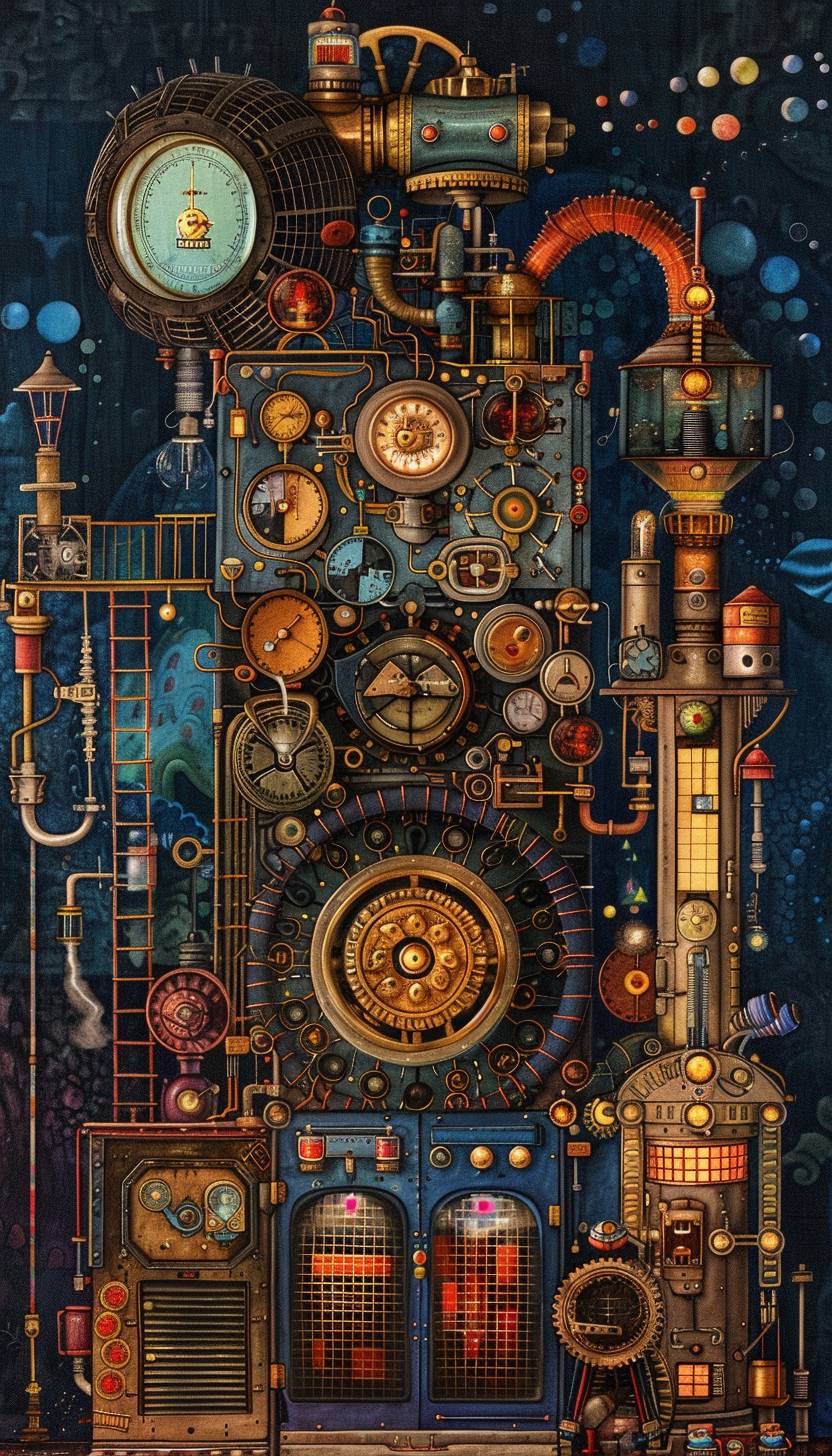 In the style of Laurel Burch, a steampunk lab brimming with mechanical marvels --ar 4:7 --v 6.0