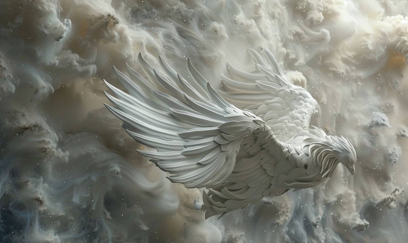 In style of Daniel Arsham, Cosmic phoenix gliding through the cosmos