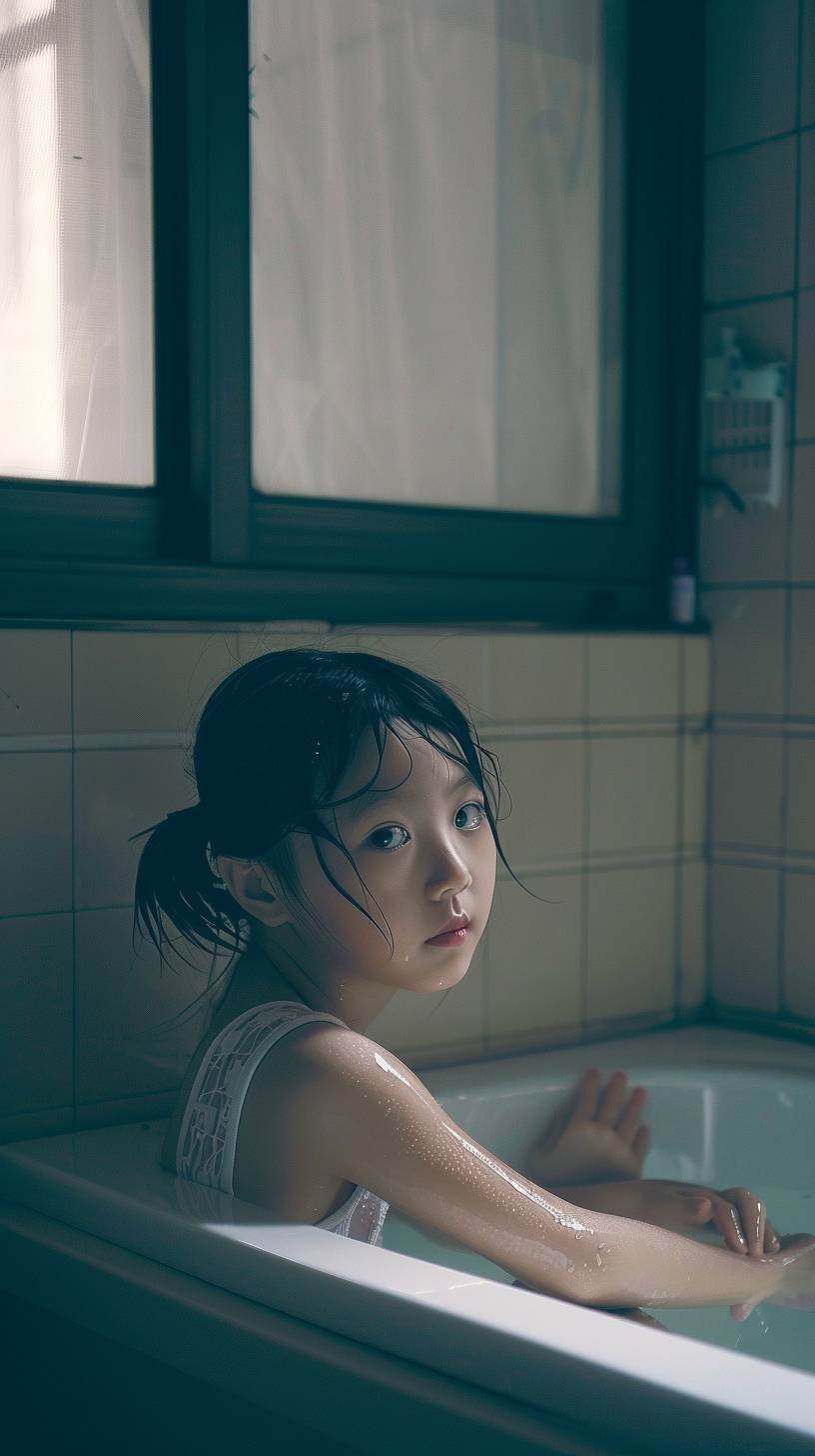 バスルームに座る中国の女の子の肖像。キヤノン5Dによって撮影されました