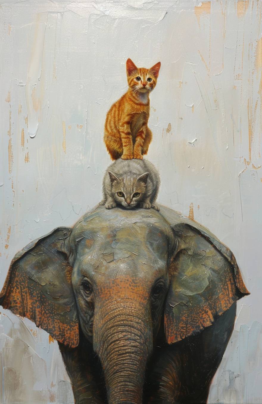 象の背中に猫、ミステリー、他の動物、ミニマリストの絵画