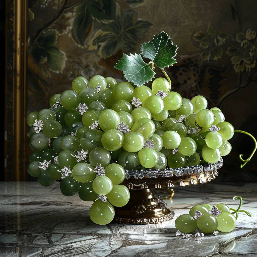 Beautiful and exquisite green grapes made of jade, adorned with diamonds, shining brightly on the table, exuding an elegant atmosphere. The entire scene is filled with lush fruits, with each grape emitting a dazzling light, presenting a luxurious color tone. This masterpiece captures every detail in the style of high definition photography.