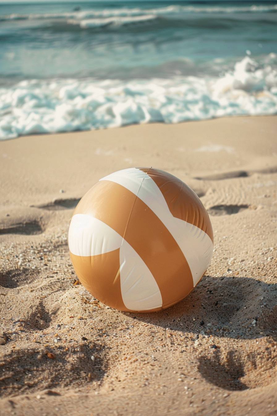 砂浜に置かれた薄茶色と白色のインフレータブルビーチボールのクローズアップ、美しいバケーションの背景、巨大なスケール