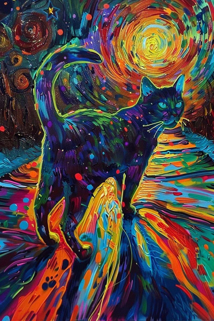 A stunning art work, mixture of post-impressionism painting and futuristic painting featuring bioluminescent vivid Starry Night of Van Gogh, with green, blue, red, yellow, purple shadows. A bioluminescent nice colors dotted cat walking on a stunning path. Make it eye-catching