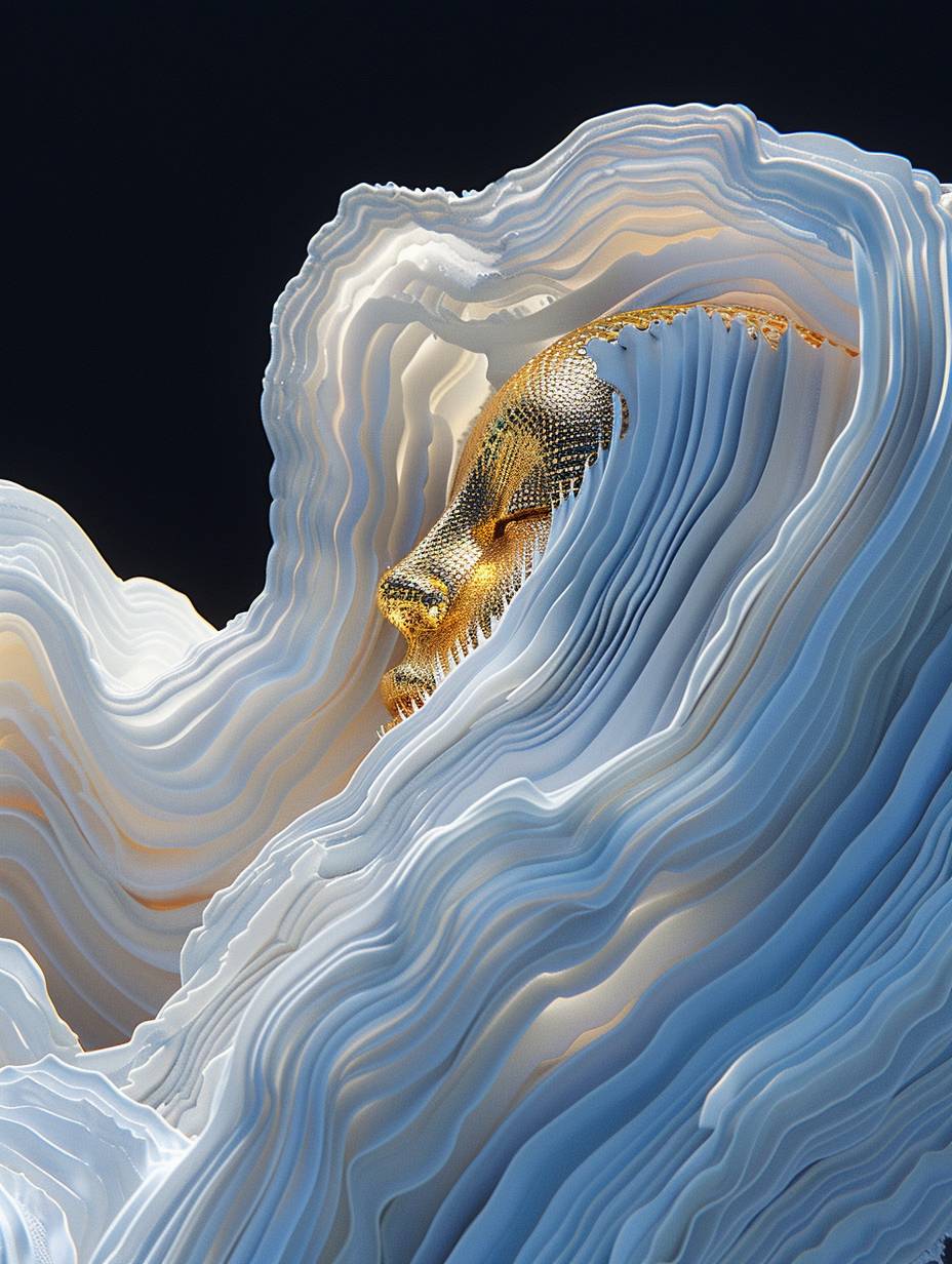 A woman in white with a gold mask lies on top of the blue waves, in the style of Iris van Herpen. The futuristic, hyper realistic, surrealistic landscape has a dark navy background with a blue and yellow gradient color palette and golden hour lighting from a low angle shot. The octane render and 3D rendering are hyper detailed and hyper realistic with dramatic octance rendering.
