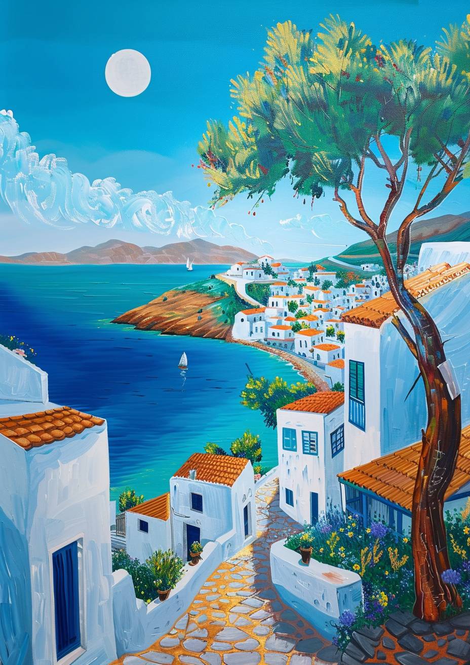 necardエーゲ海の夏のギリシャの芸術的な絵画ボヘミアンモダンなミニマルな素朴なスタイル多くの余白