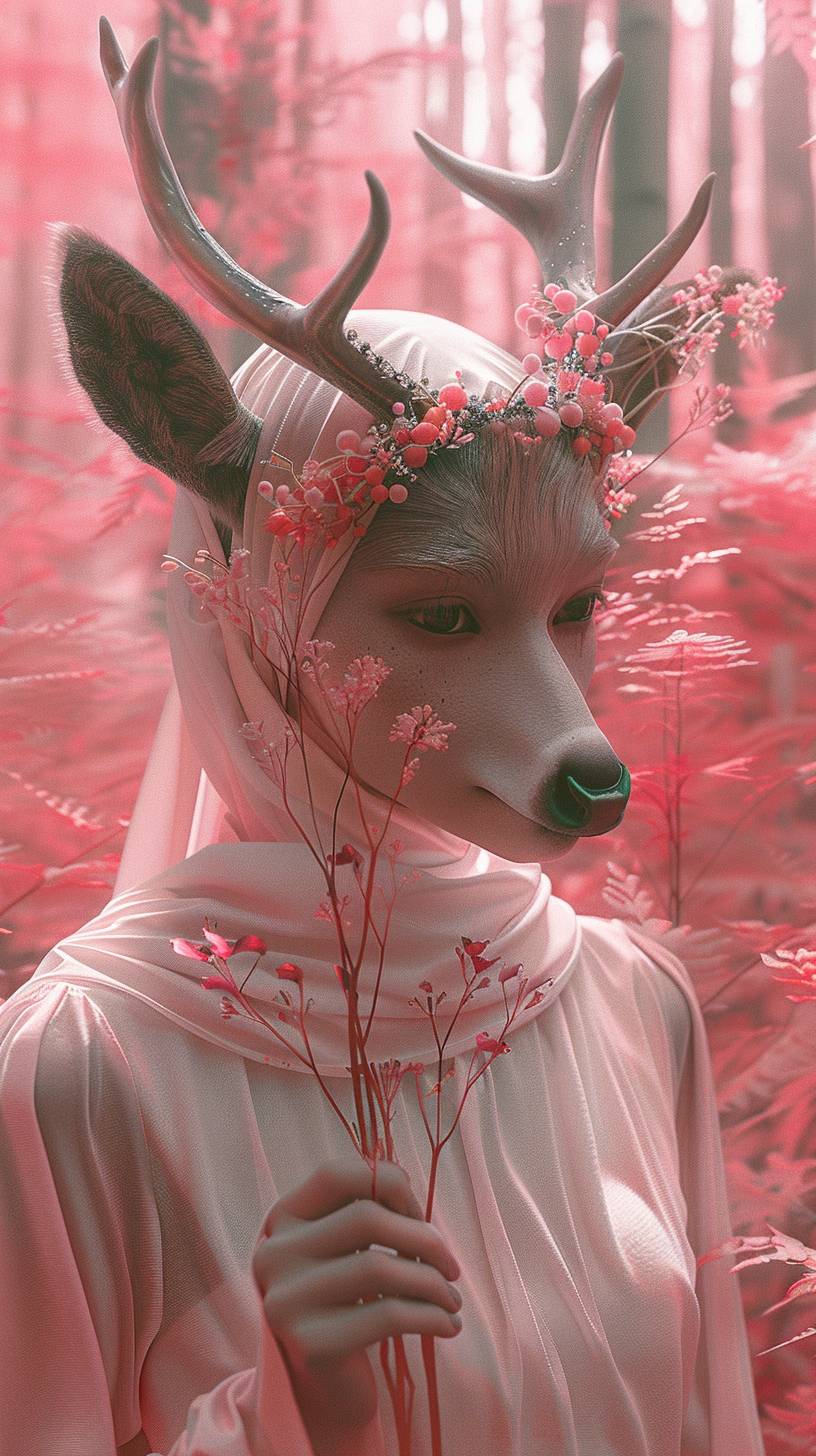 In a conceptual artwork set in a pink forest, a woman with a deer head holds flowers in a plant and looks towards the camera. It is strange and complex, yet infused with a terrifying romance and soft colors. The composition is centered, shot in long distance with edge light, 8K resolution, photorealistic, in the morning mist, surrealism --chaos 1 --ar 9:16 --style raw --stylize 750 --v 6.0