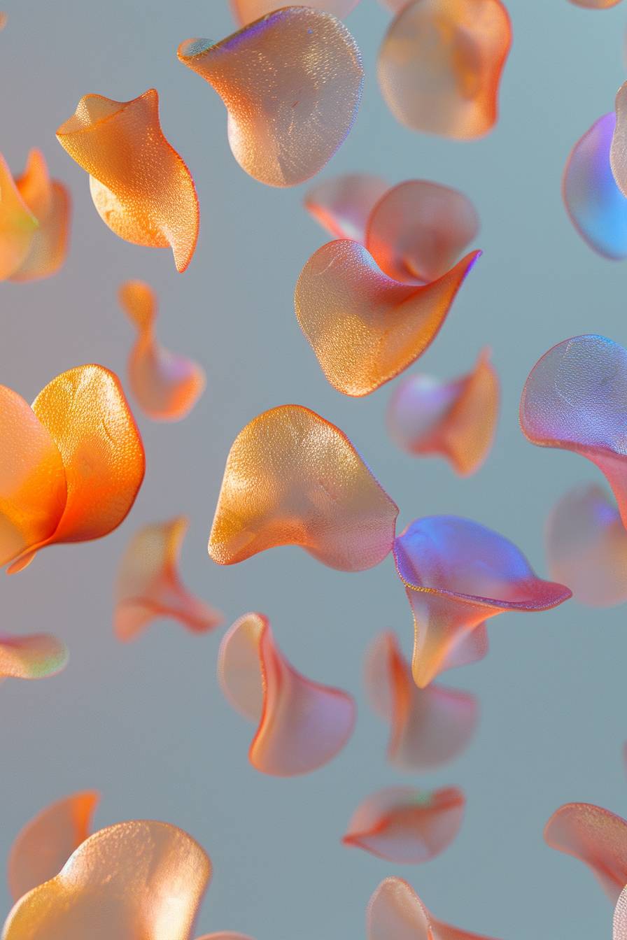 Holographic transparent glass 3D potato chips floating in the air, white background