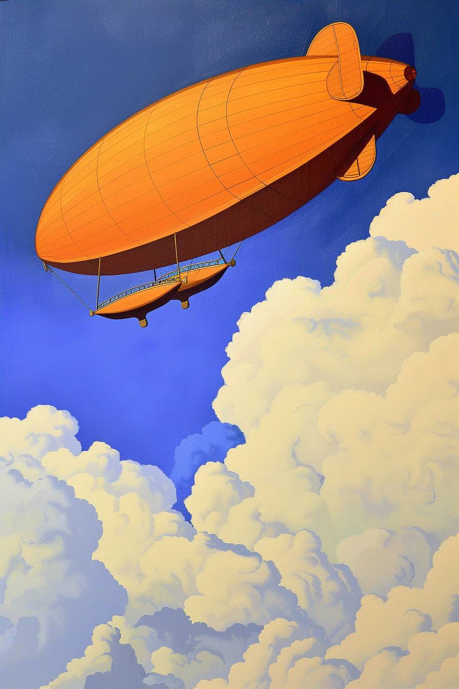 In the style of Patrick Caulfield, a steampunk airship gliding through the clouds