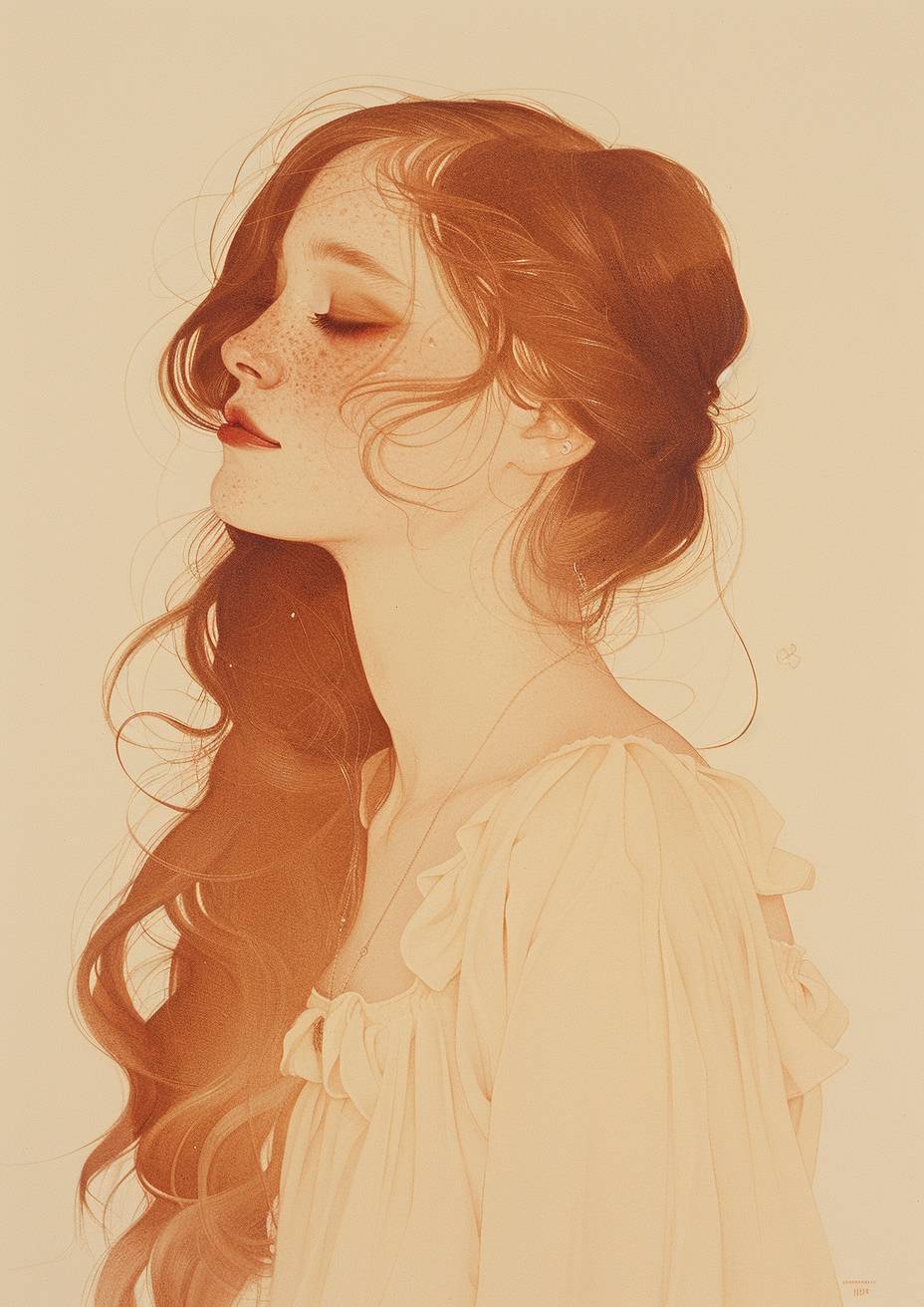 Mary Jane Ansell's hyperrealistic and hyper-detailed pencil and watercolor illustration depicting a portrait of a beautiful woman with long hair in a vintage dress, playful and ironic, lush and detailed, charming character illustrations