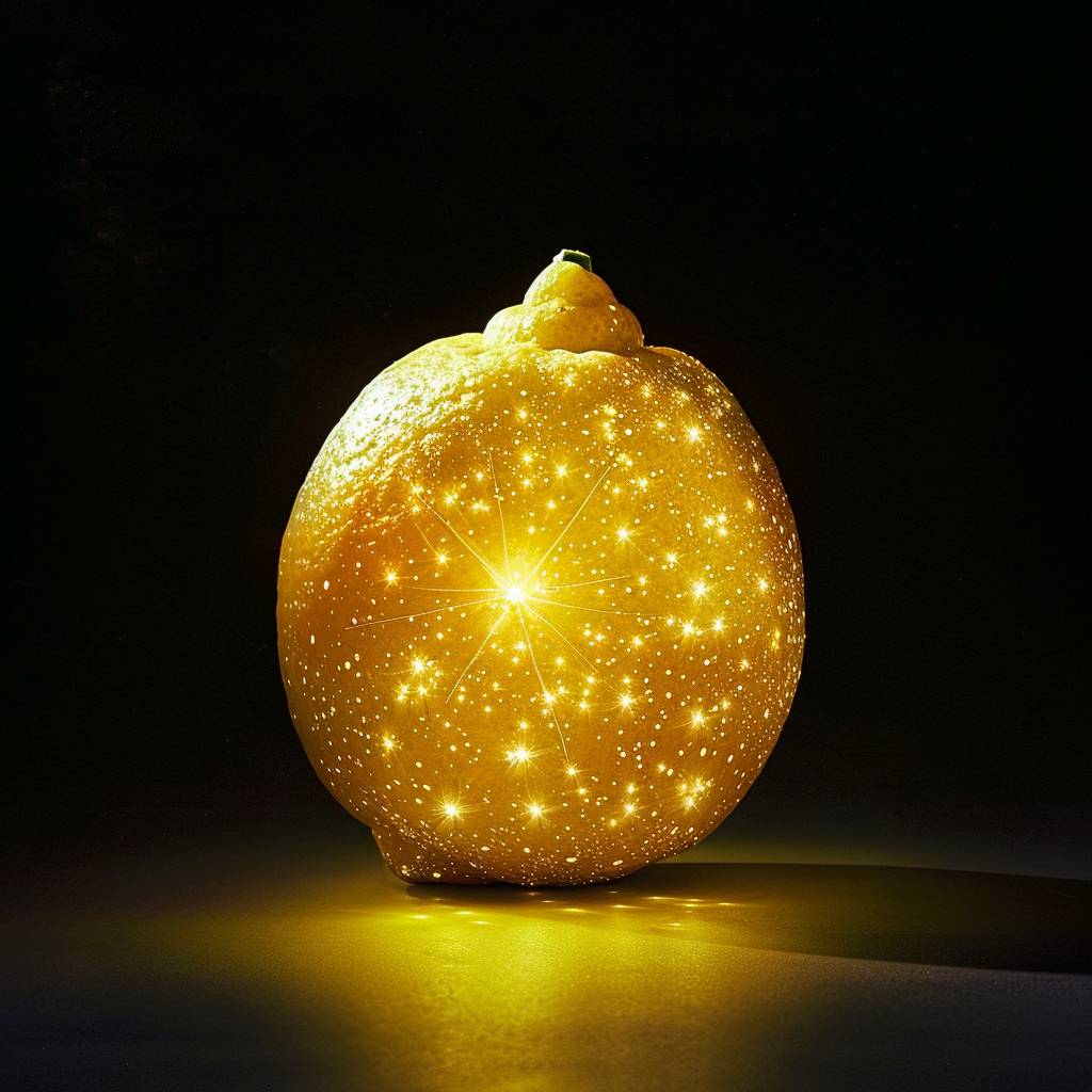 A lemon with dark yellow skin and light orange core, glowing from the inside like it's filled with stars, on black background, Data Visualization photography