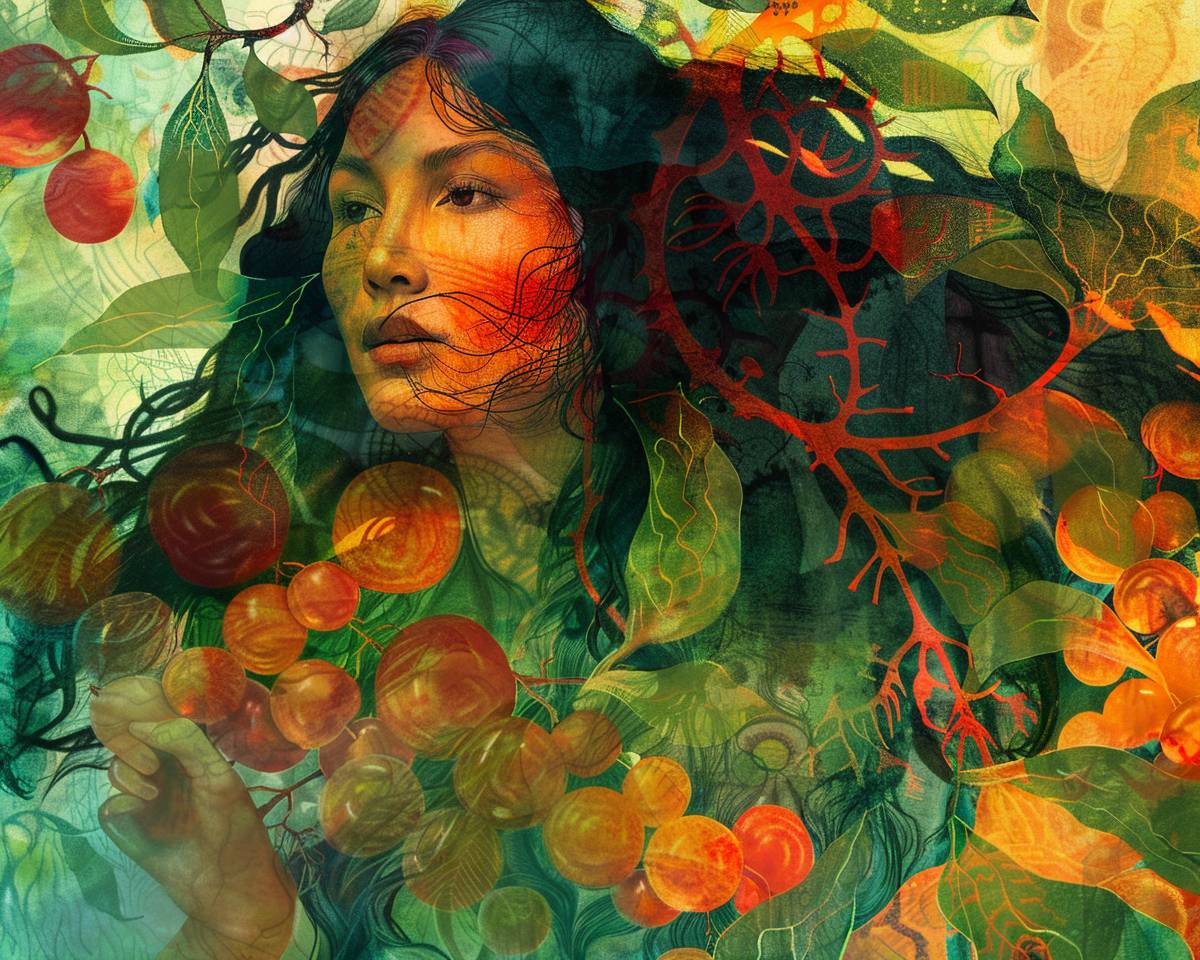 MJ- a woman emerges from a many loquat, nispero fruits, long black hair, bronze skin, indigenous Cuban native american, reaching the critical point of orange shown as red fractal shapes blending together, in Ethereal Watercolor style, with green and blue dreamy washes, nispero, loquat