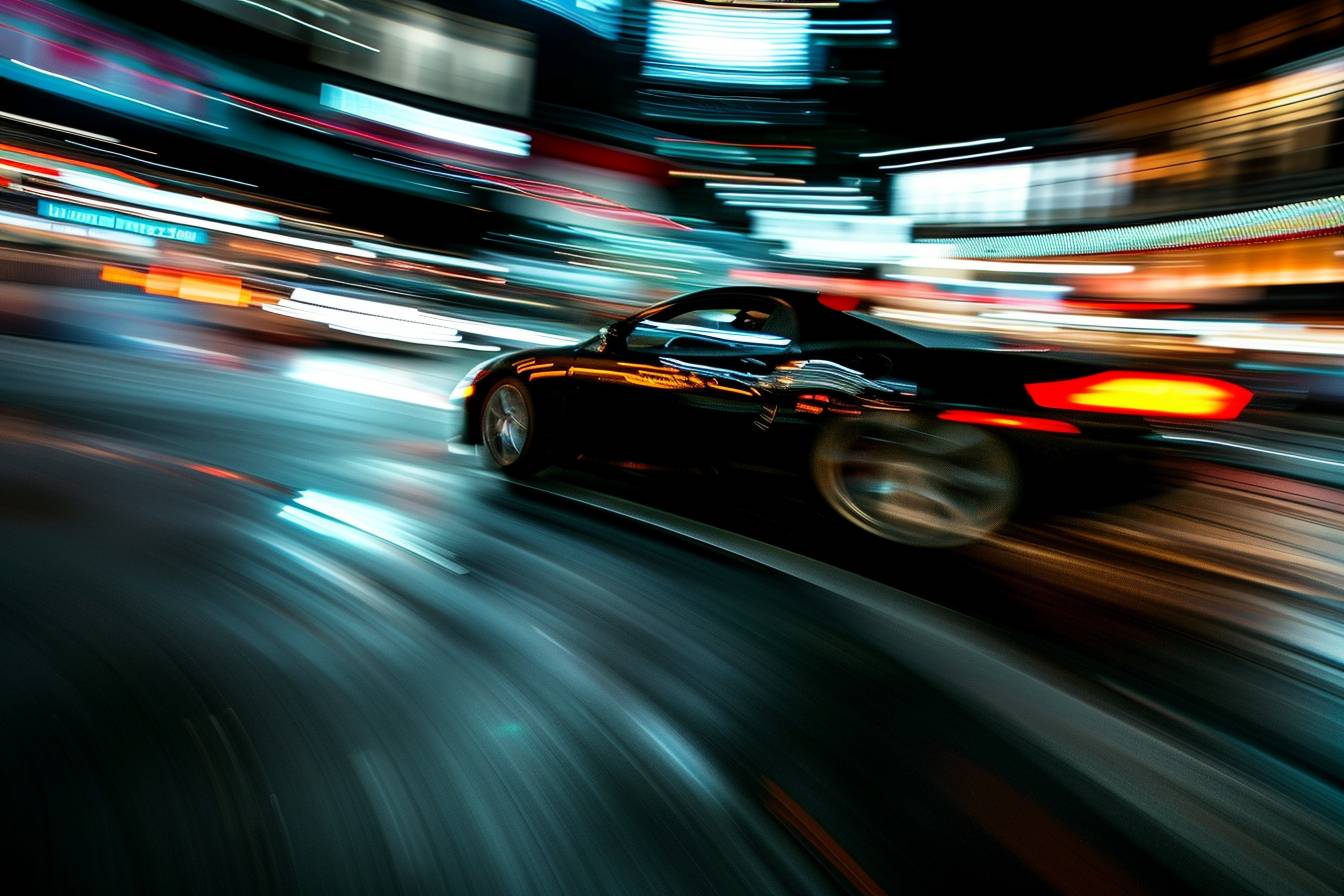A speeding [SUBJECT], with motion blur, photography, cinematic lighting, black background