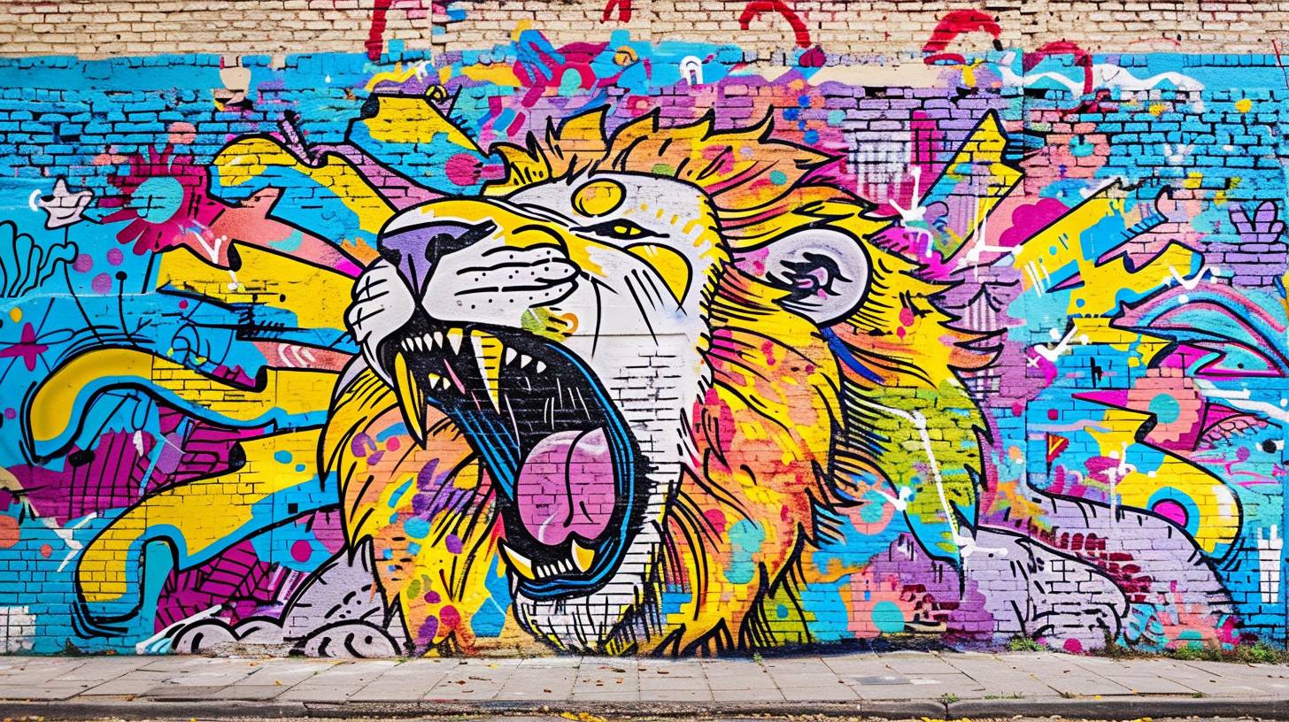 a modern graffitti wall art depicting a roaring lion in dynamic pose, roaring, picturesque setting.