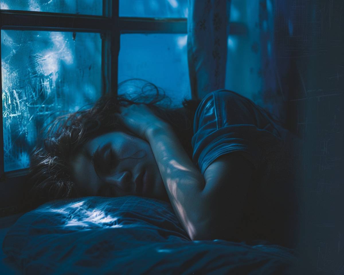 眠る女性に夜の影が映る、ドラマチックな写真、青と灰色の色合い、高コントラスト、室内シーン、レトロVHS効果