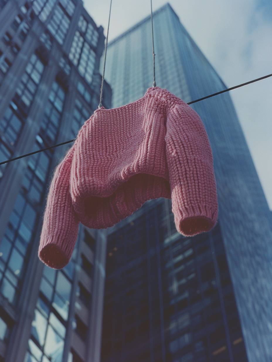 35mm photo, knitted woolen pink cardigan hanging from city skyscraper, vanishing point