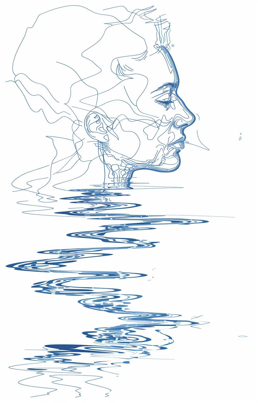 a simple blue line illustration on white background, reflection of a person in water --ar 9:14 --v 6.0