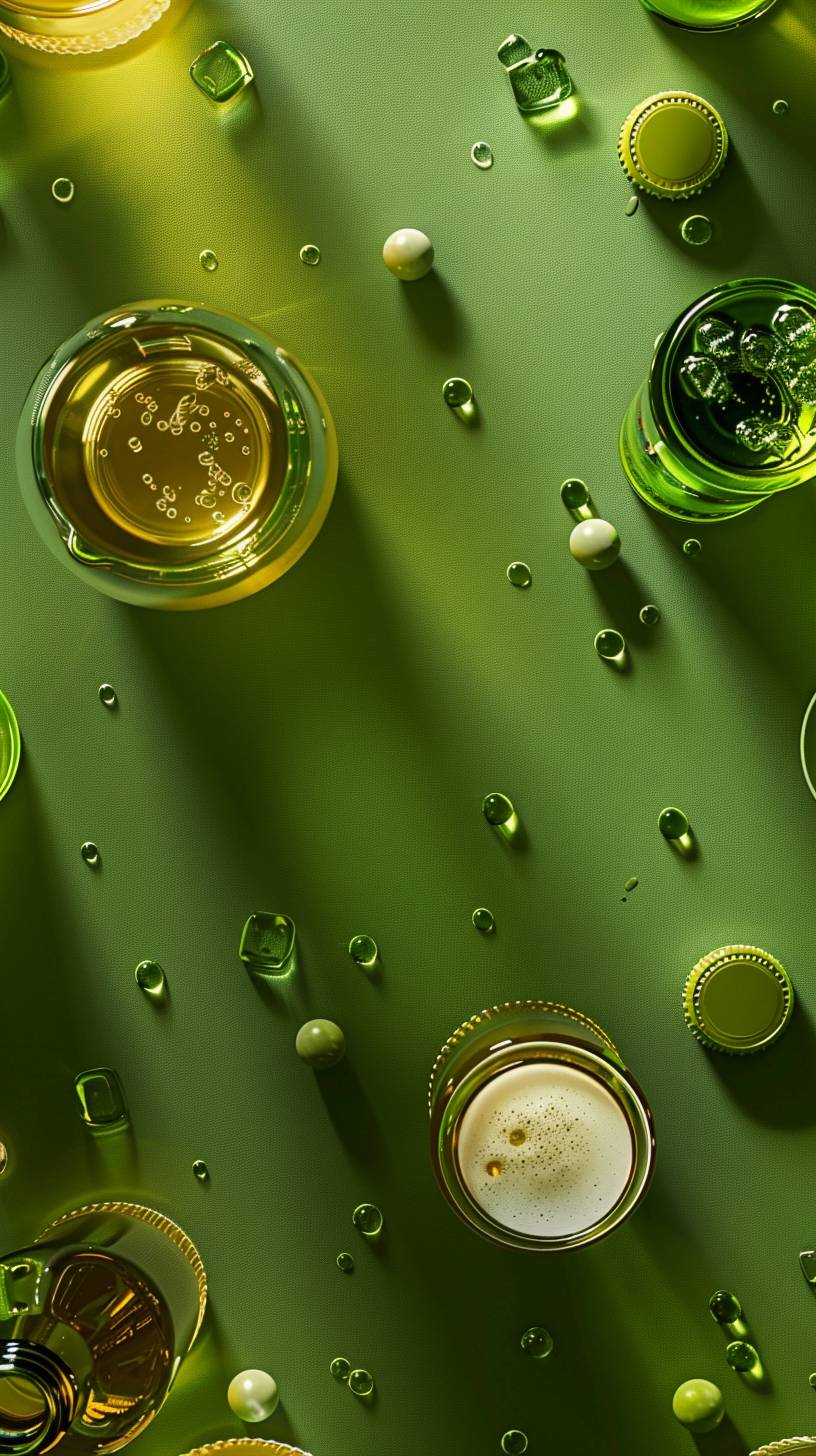 Photorealistic flatlay, top-down shot of 10 essential office items laid out neatly on a flat clean background, with an empty area left with beer circle. Hues of green. Ultra hyperealistic, cinematic lighting, high detailed, high quality.