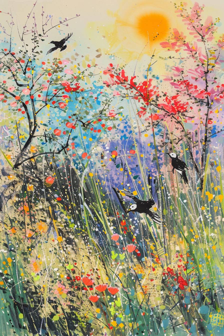 In the style of Wu Guanzhong, magical creatures frolicking in a sunlit meadow
