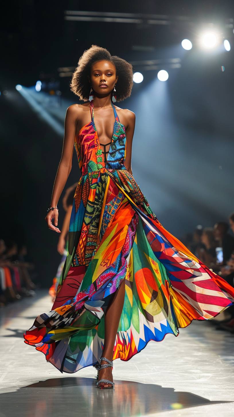 A fashion model strides confidently down the catwalk, capturing the audience. She is adorned in a vibrant, colorful dress with an array of bright, eye-catching patterns. The dress features a flowing, asymmetrical, high-low hemline.