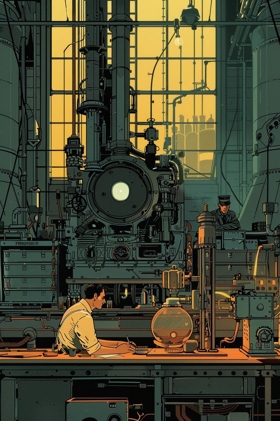 In style of Adrian Tomine, Steampunk lab brimming with mechanical marvels