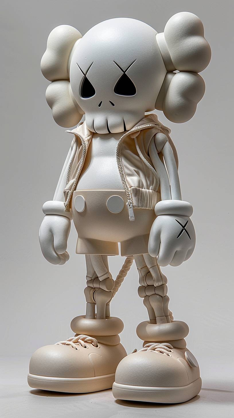 Kaws one part in skeleton other plastic 4k white background realistic angle view 45 degree 3d view