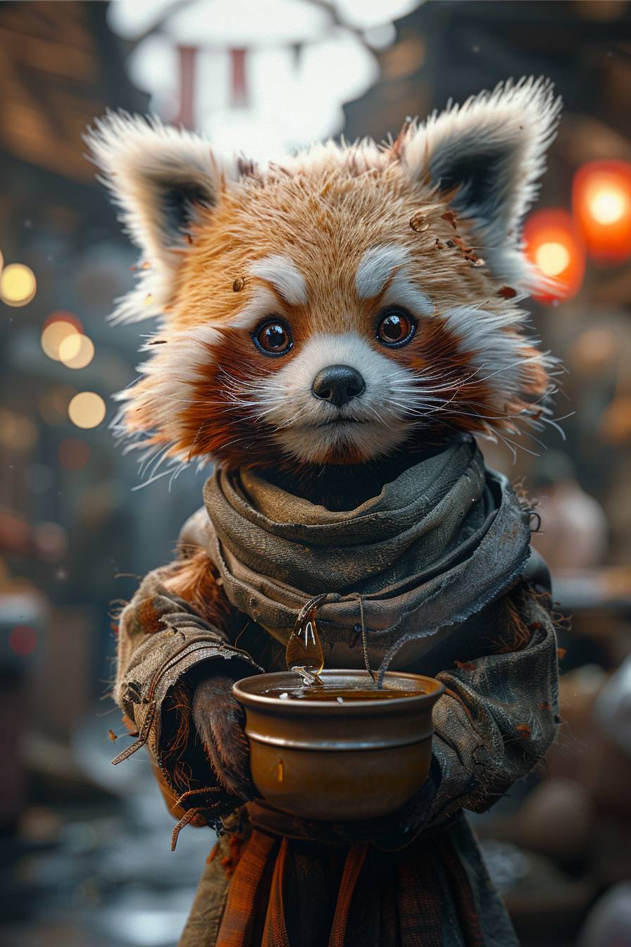 Cute small humanoid red panda. He puts his paw into a clay pot with honey. Volumetric, warm indoor lighting. ArtStation, detailed, digital painting. Cinematic character design by Hayao Miyazaki. Unreal Engine 5, DAZ, hyperrealistic, Octane Renderer, Arnold Renderer, 8K, matte effect. --ar 2:3 --stylize 750 --v 6.0