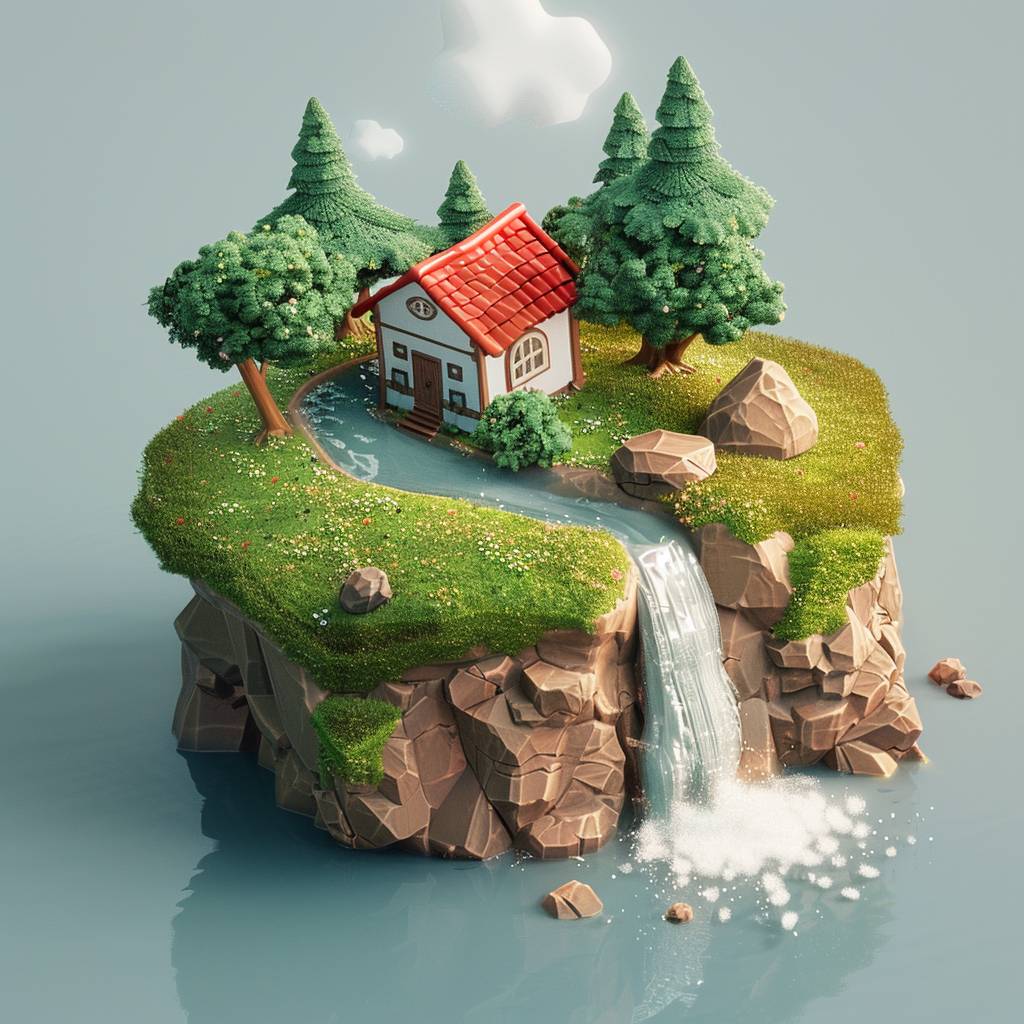 Cute isometric island, cottage in the woods, river with water falling off the edge, made with blender