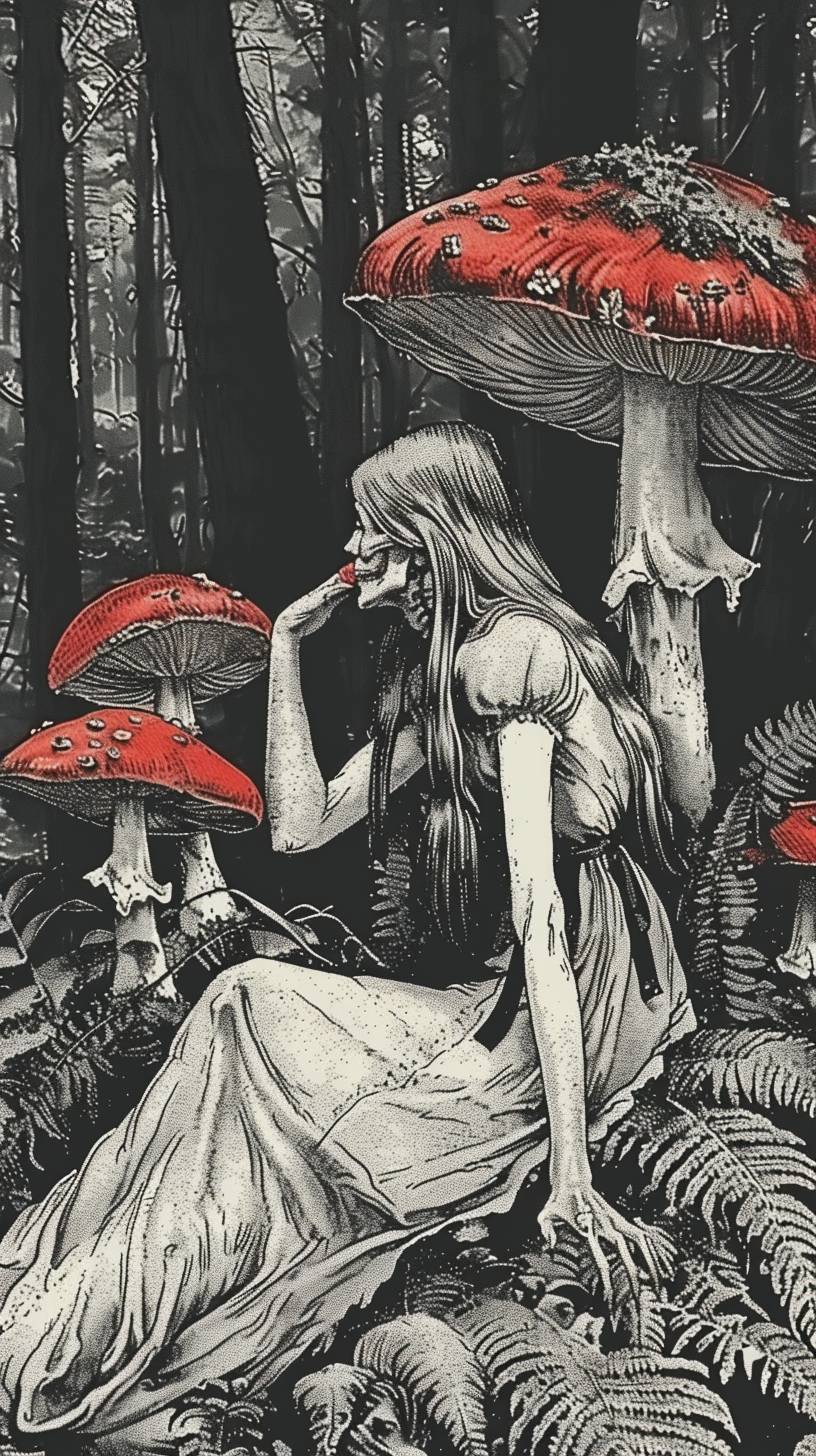 Surreal psychedelic skeleton Alice in wonderland eating mushrooms on a mushroom throne illustration