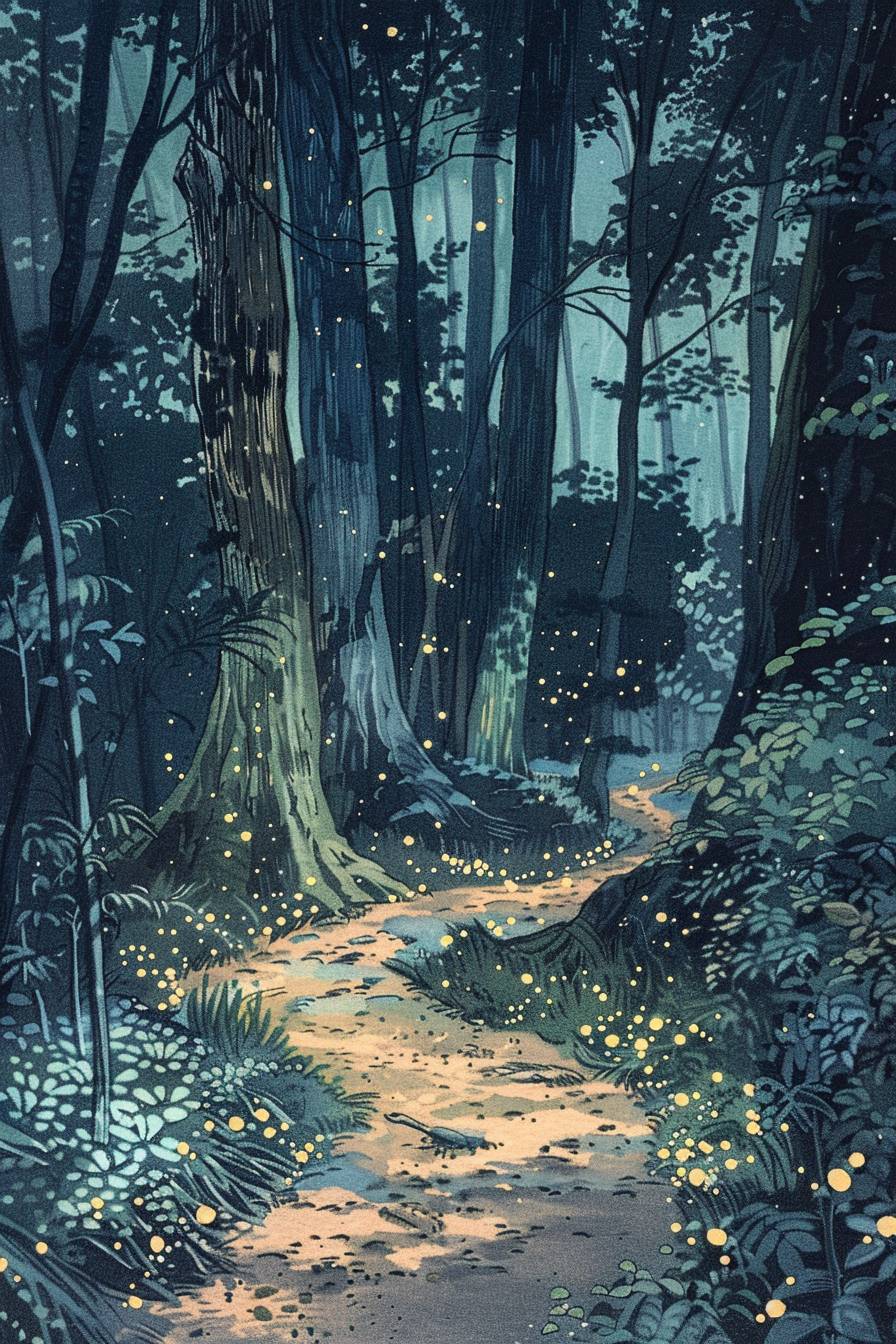 In style of Ohara Koson, Fairy lights illuminating a path through the woods