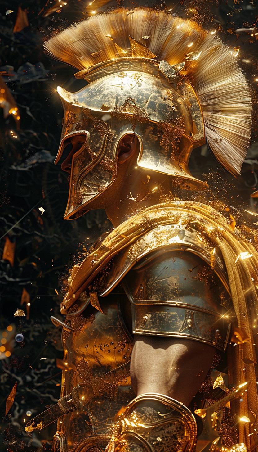 シルバーの臨界点に達したギリシャの戦士は、金のフラクタル形状が混ざり合い、グリッチ超現実主義スタイルで、金と銀の超現実的なグリッチと共に描かれています。