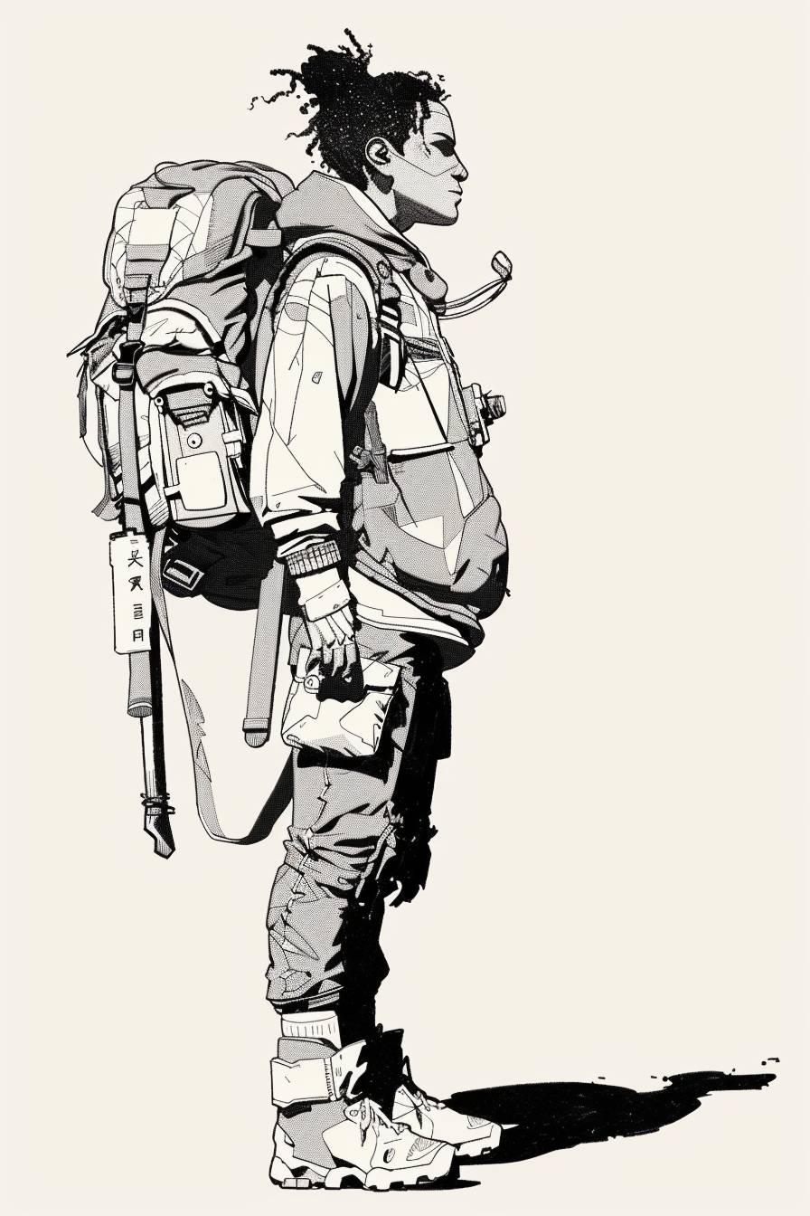 Character in the style of Laurie Greasley, ink art, side view