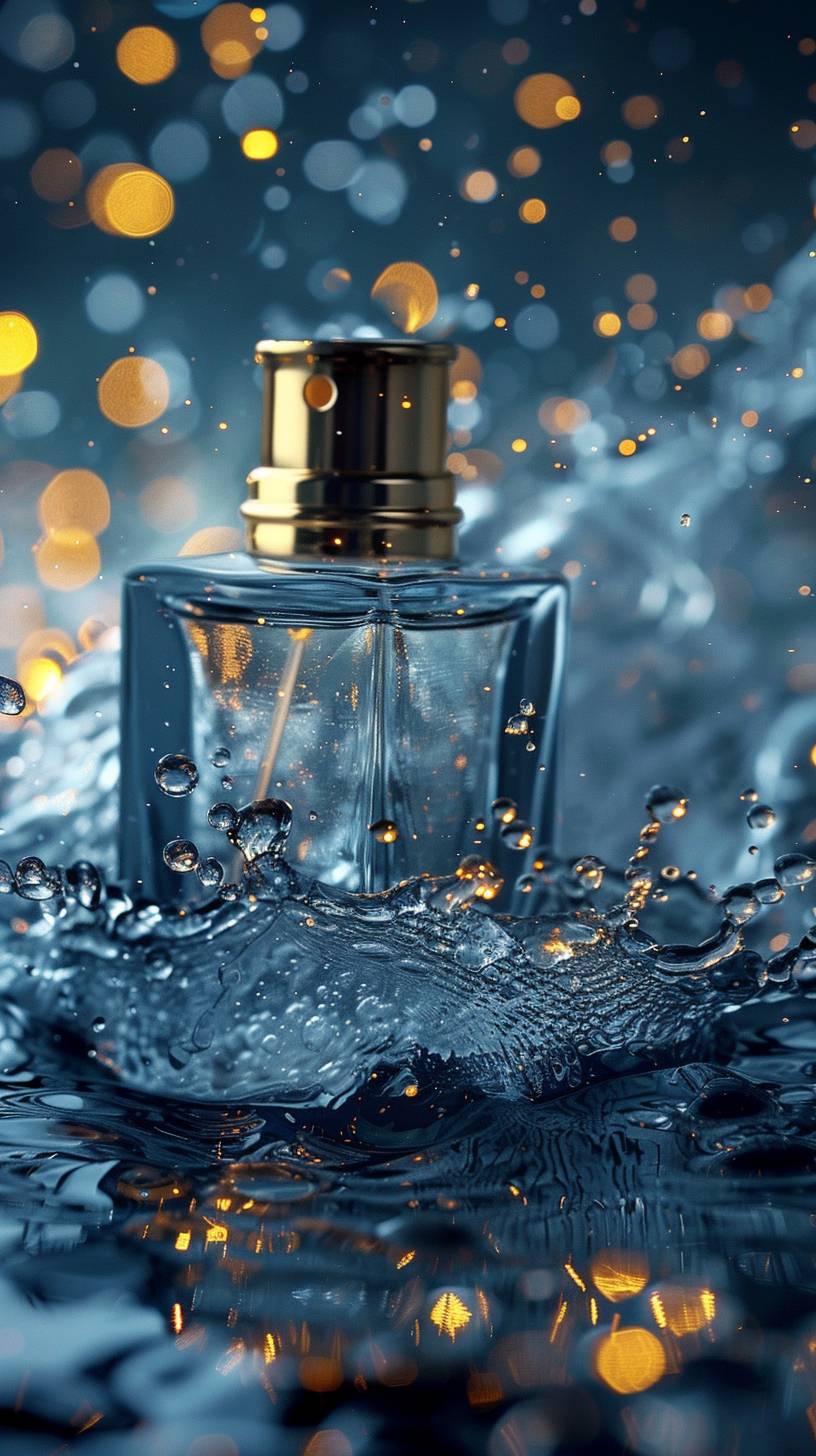 Perfume on the water. With a magical and luxurious quality, gold and blue color scheme, water frozen in place.