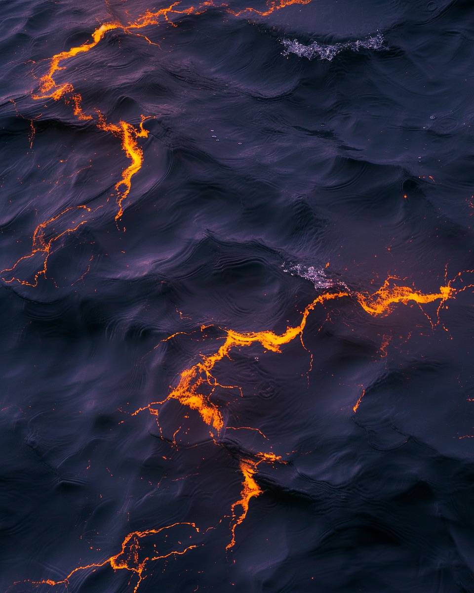 Beautiful closeup shot of the surface of calm water, with orange firelight in water in the style of lightning in flight, dark purple water, creates an abstract pattern, taken from above