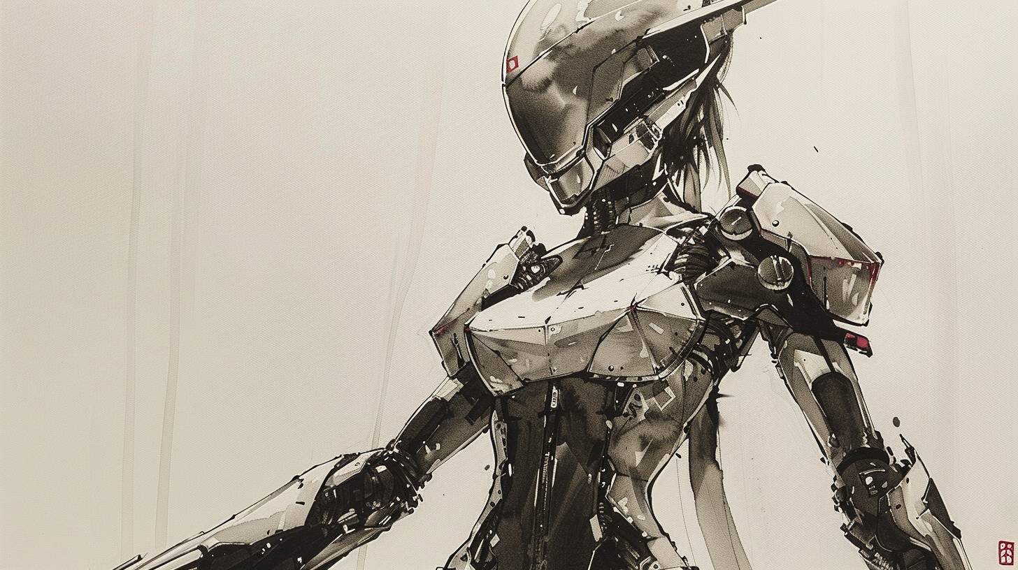Female spacepunk knight, a character design by Yoji Shinkawa and Tsutomu Nihei, ink and wash, armored intricate and elegant